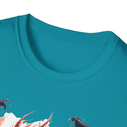 Close-up of the unisex softstyle fabric tag sewn inside the slim fit navy blue T-shirt showing texture and stitching details.