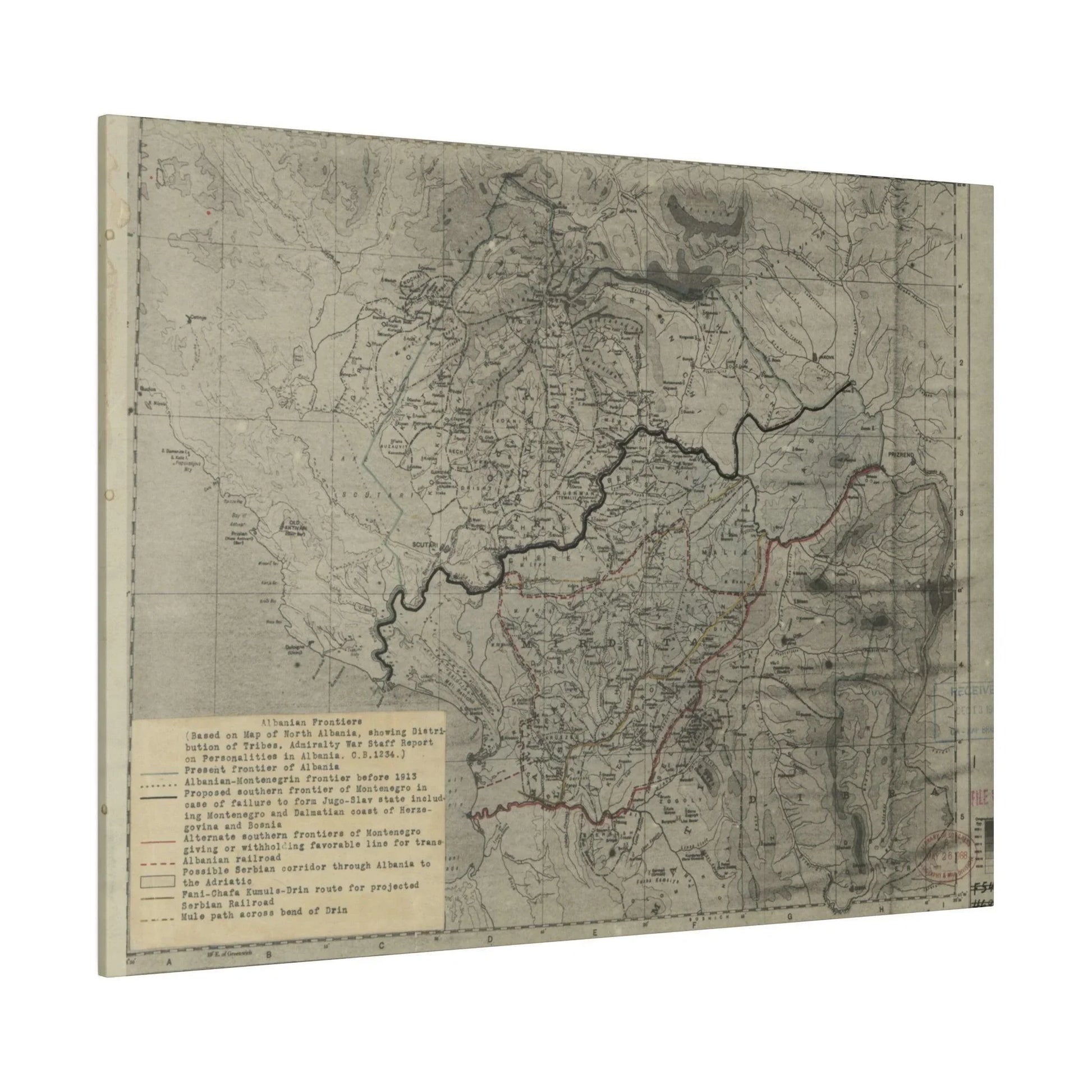 Close-up of detailed map textures highlighting the 1916 Admiralty War Staff's intricate line work and aged canvas surface.