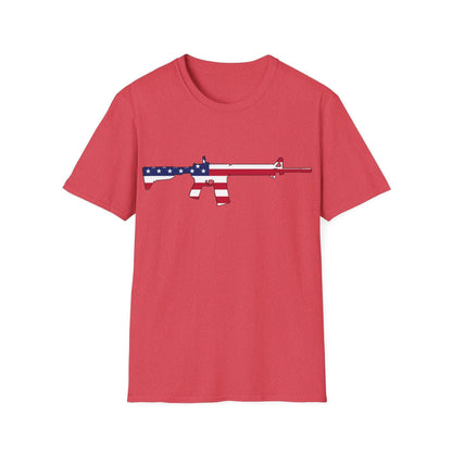 Close-up of the AR American Flag T-shirt neckline showing reinforced stitching and vibrant printed stars and stripes detail