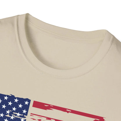 Close-up of distressed American flag pattern on the soft cotton fabric, highlighting faded red, white, and blue colors on