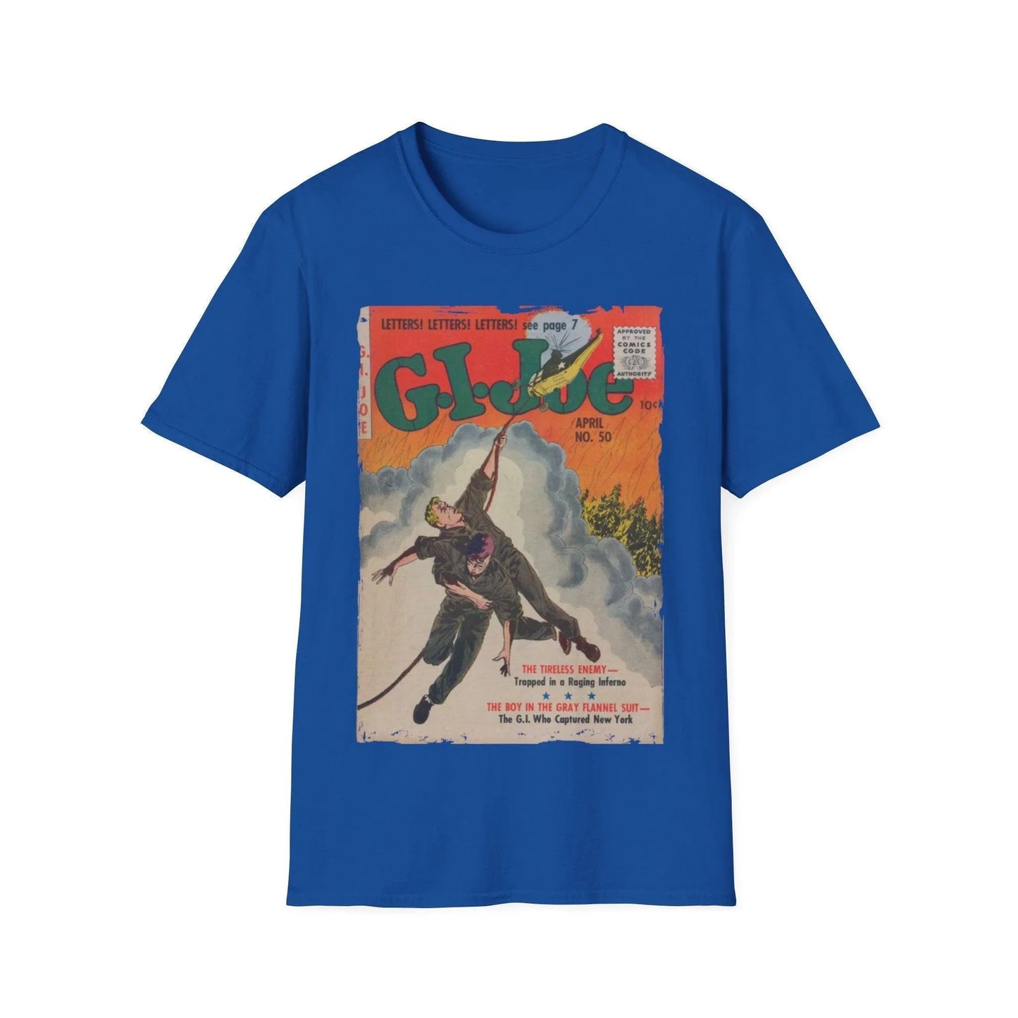 Close-up of the G.I. Joe No.50 softstyle T-shirt’s navy crew neckline and stitched seams, highlighting the relaxed fit and