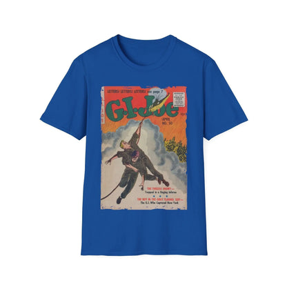 Close-up of the G.I. Joe No.50 softstyle T-shirt’s navy crew neckline and stitched seams, highlighting the relaxed fit and