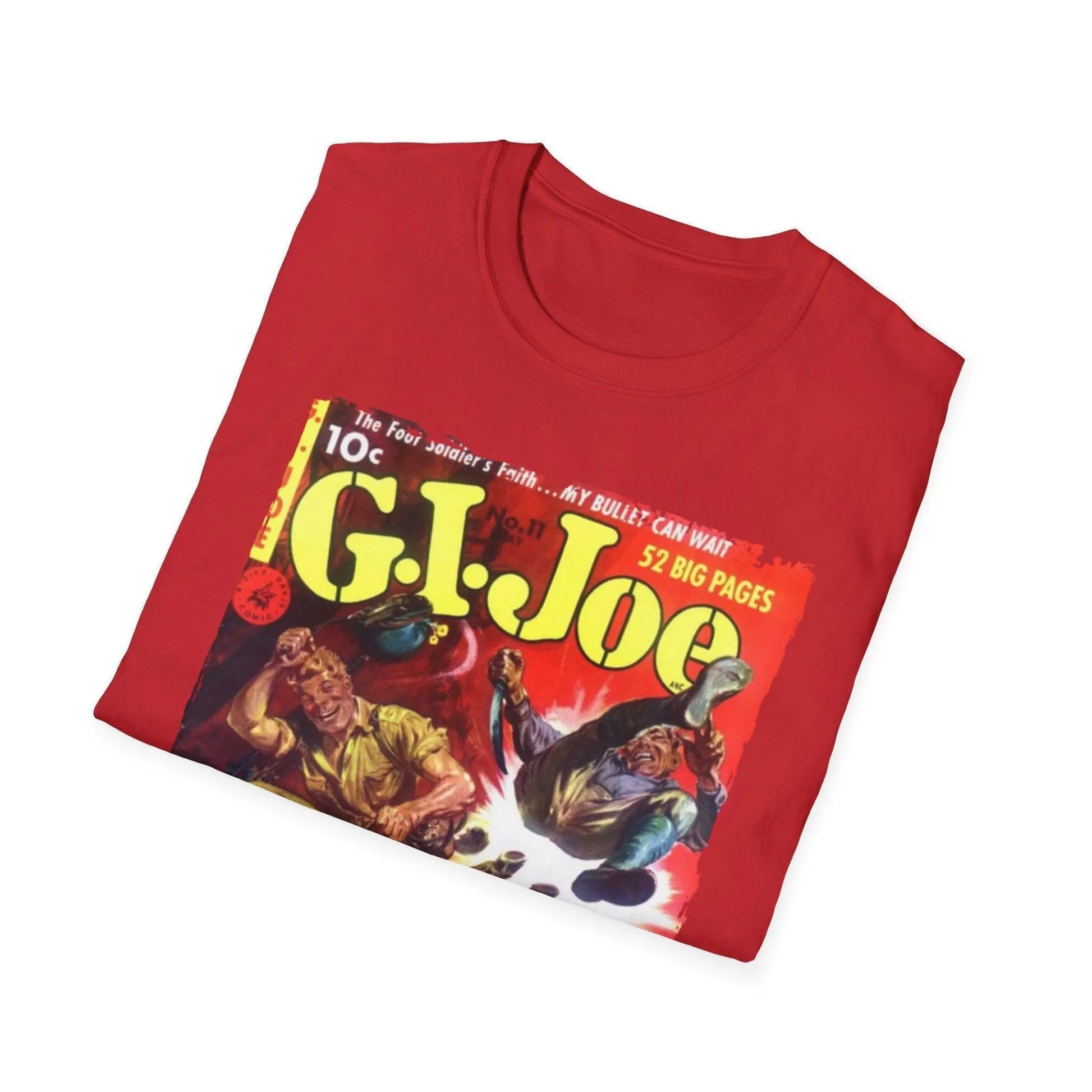 Close-up of the G.I. Joe No.11 softstyle T-shirt neckline showing reinforced stitching and smooth cotton-poly blend fabric