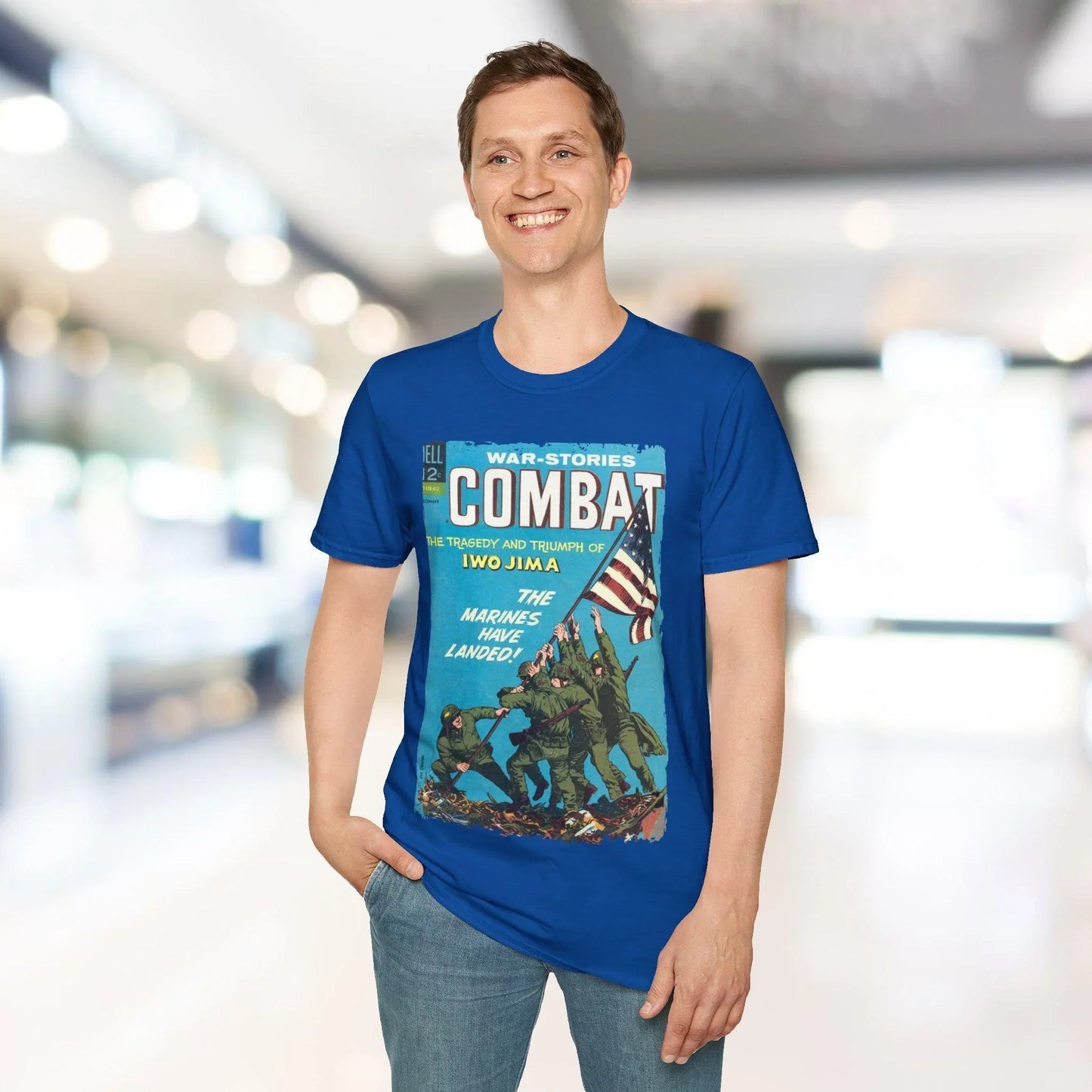 Close-up of the Combat Dec 1966 unisex softstyle T-shirt's smooth cotton fabric and relaxed fit at the sleeve edge in deep