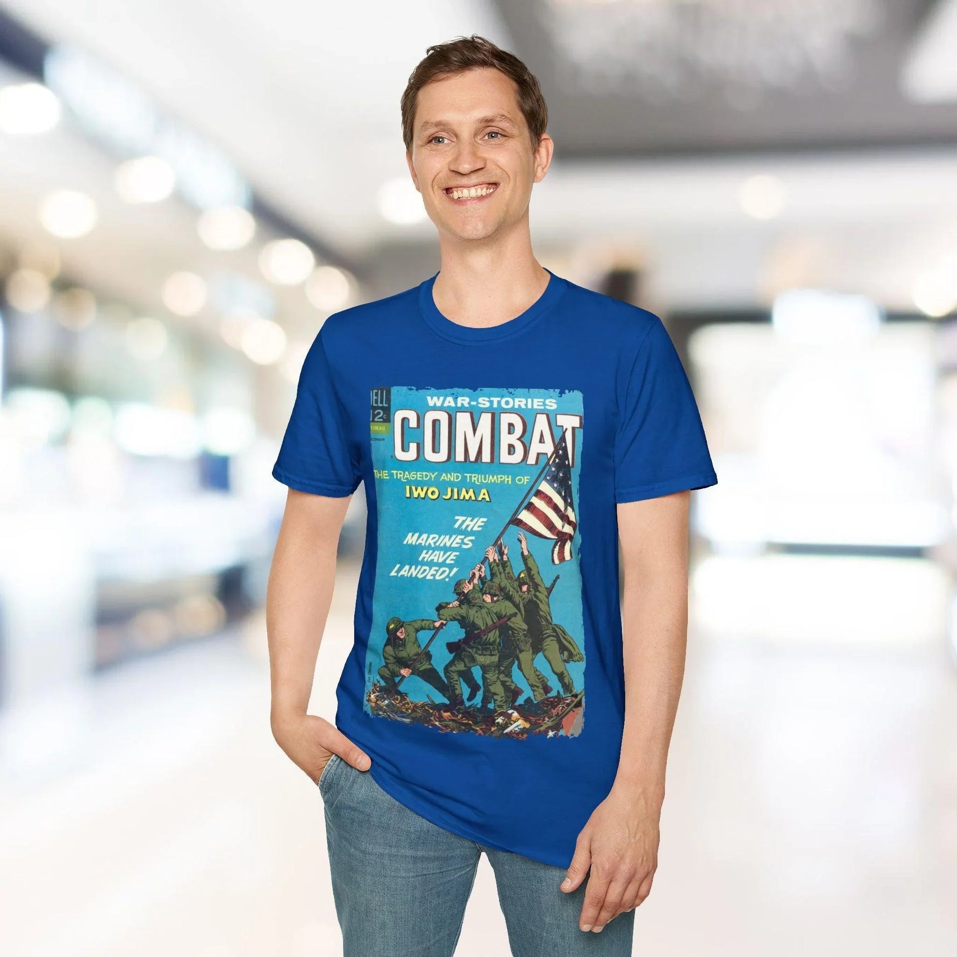 Close-up of the Combat Dec 1966 unisex softstyle T-shirt's smooth cotton fabric and relaxed fit at the sleeve edge in deep