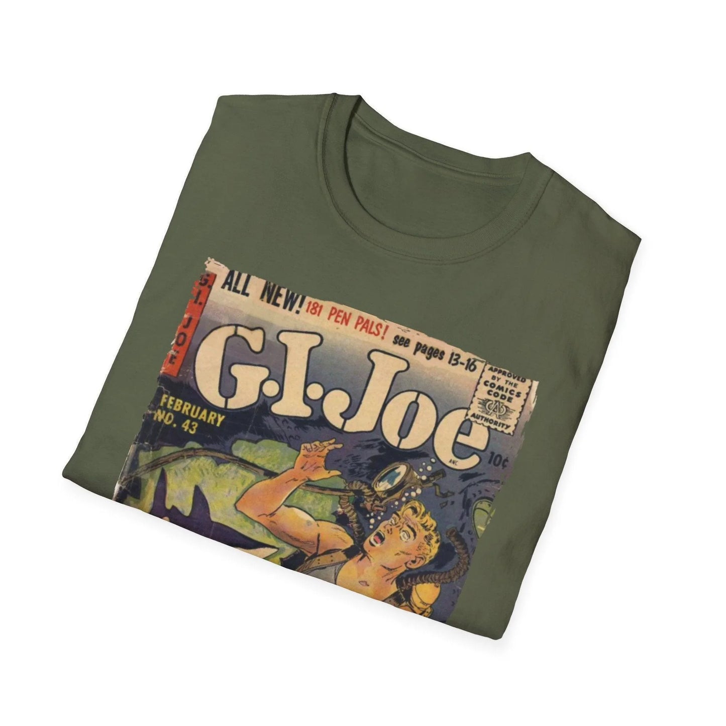 Close-up of the G.I. Joe No.43 softstyle T-shirt's neck label with reinforced stitching and fabric texture in classic