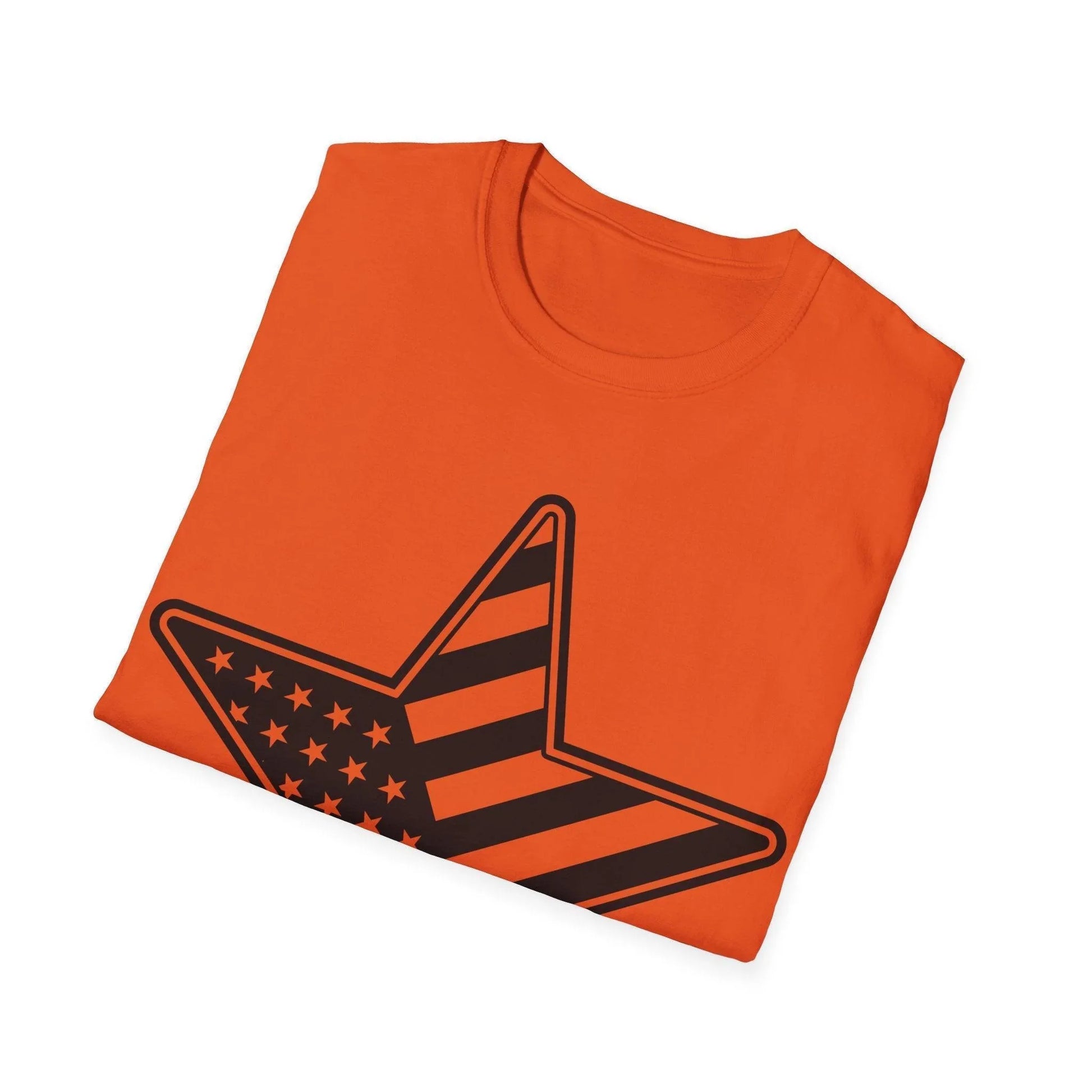 Close-up of the unisex black and white American flag star graphic on the soft cotton fabric, highlighting the bold star