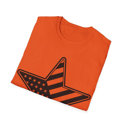 Close-up of the unisex black and white American flag star graphic on the soft cotton fabric, highlighting the bold star