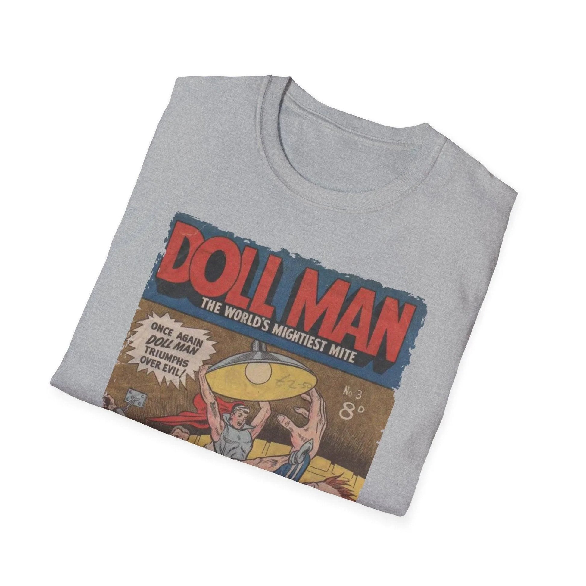 Close-up of the Doll Man No.3 T-shirt label showing fabric composition and unisex fit details on light heather gray fabric.