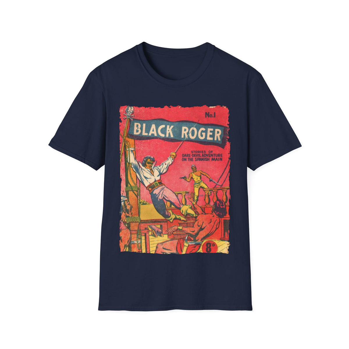 Close-up of the Black Roger No.1 unisex softstyle T-shirt fabric showing smooth texture and subtle stitching detail at the