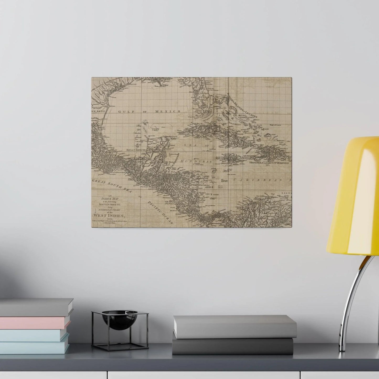 Close-up of the "West Indies" map highlighting intricate island details and vibrant watercolor accents on textured canvas.