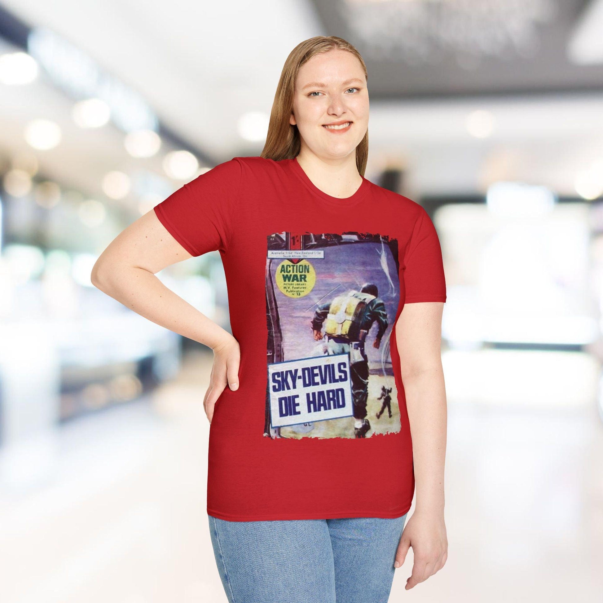 Close-up of the unisex softstyle T-shirt's relaxed fit neckline and light heather gray fabric texture from a slightly