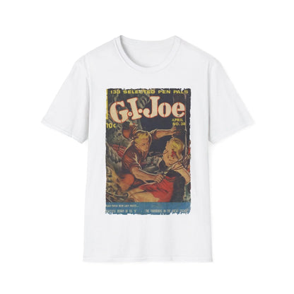 Close-up of the G.I. Joe No.38 softstyle T-shirt fabric displaying the relaxed fit and subtle heather blue color from a