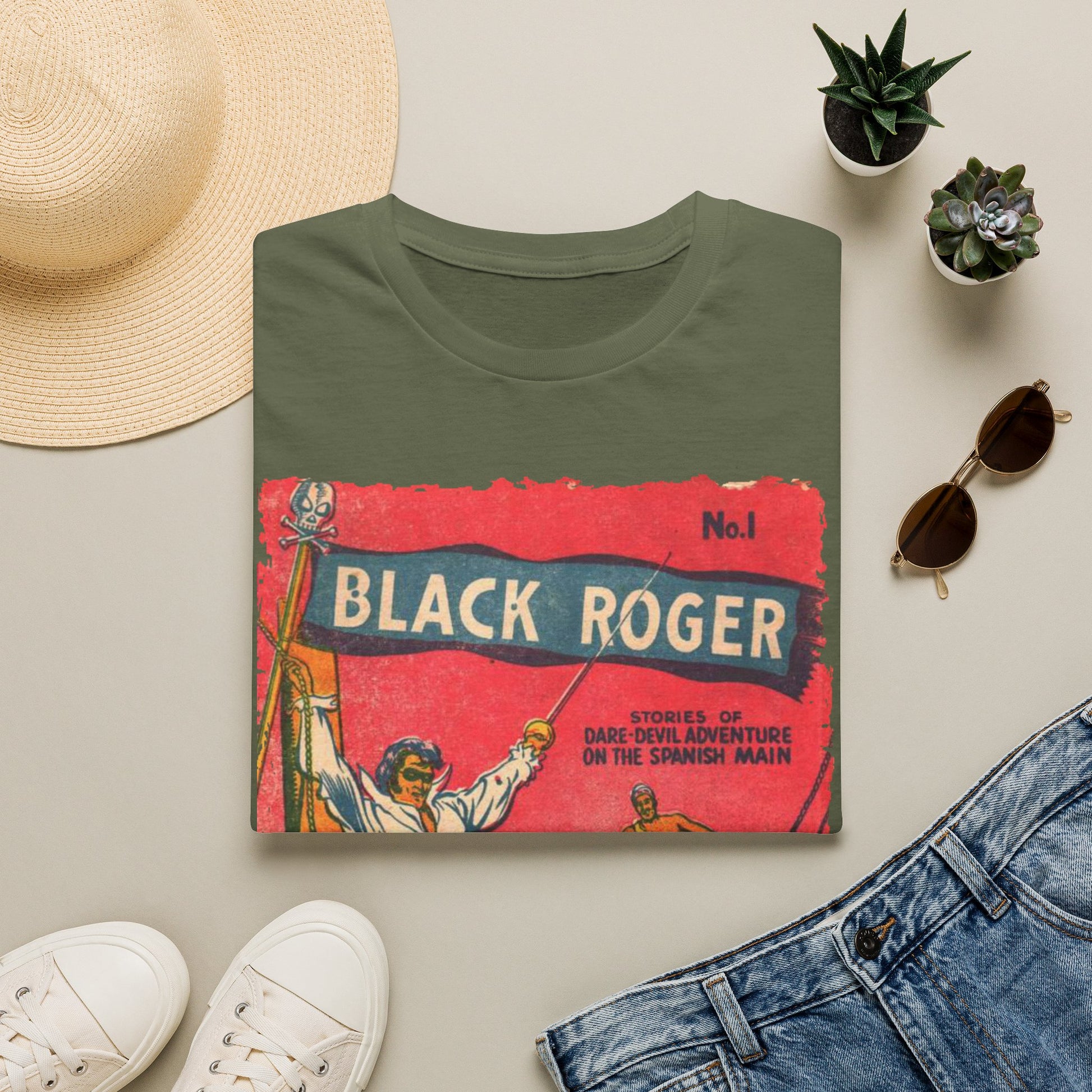 Close-up of the Black Roger No.1 unisex softstyle T-shirt's fabric texture, showcasing smooth matte finish and subtle