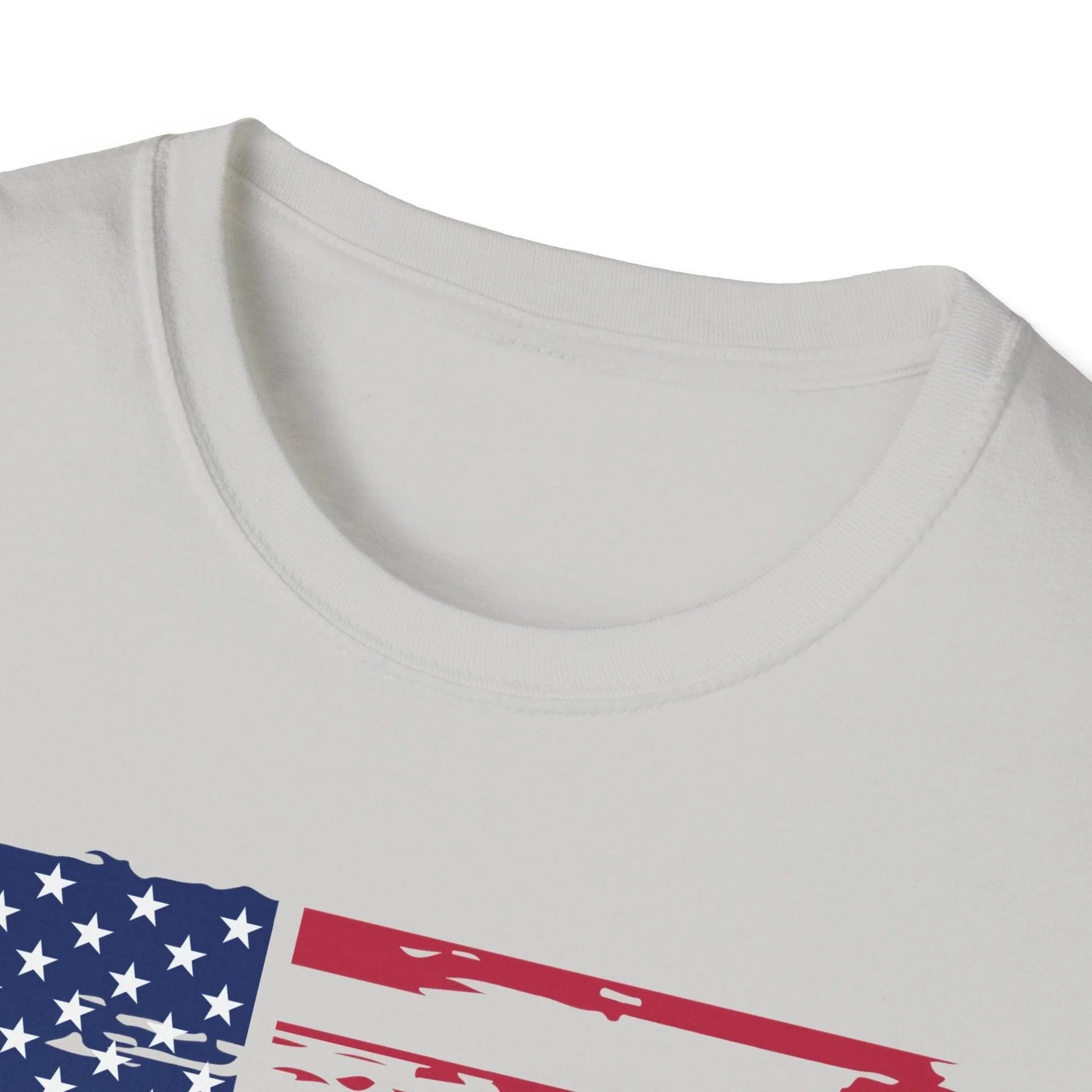 Close-up of distressed American flag pattern on soft cotton fabric, highlighting subtle fading and rugged texture at the