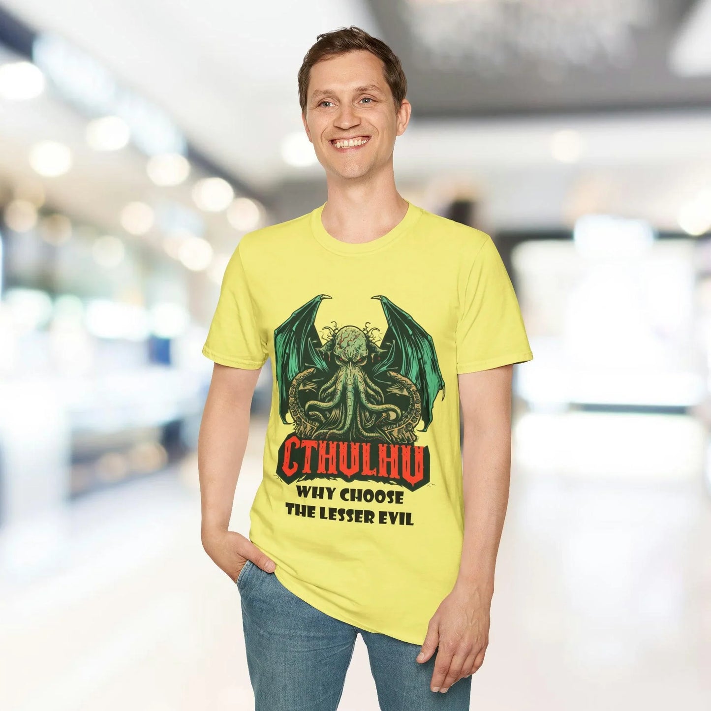 Close-up of the unisex softstyle fabric displaying the vibrant Cthulhu graphic and smooth texture at the sleeve hem.