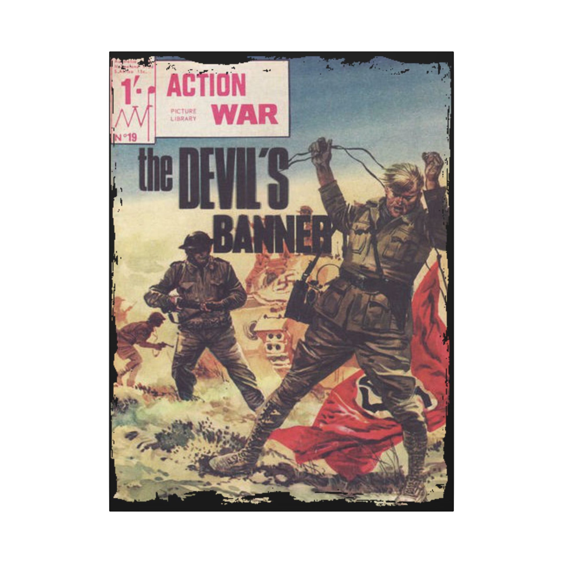 Close-up of the vibrant comic book cover artwork featuring detailed line work and bold color accents on the Canvas print.