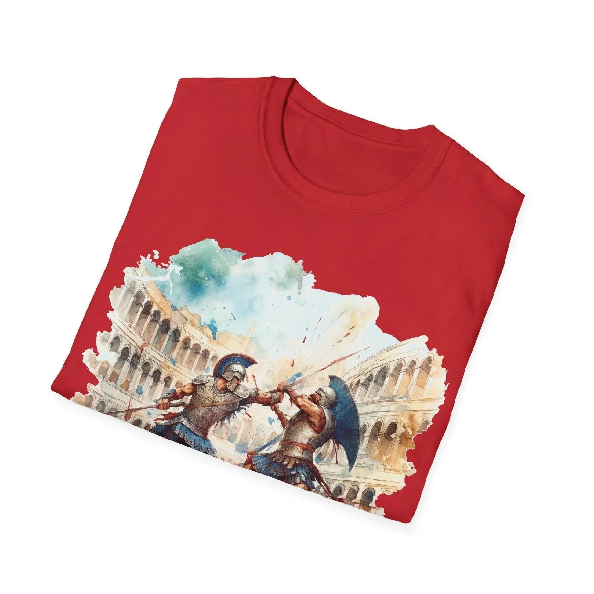 Close-up of the ancient gladiator illustration on the chest area, showcasing detailed line work on the charcoal gray