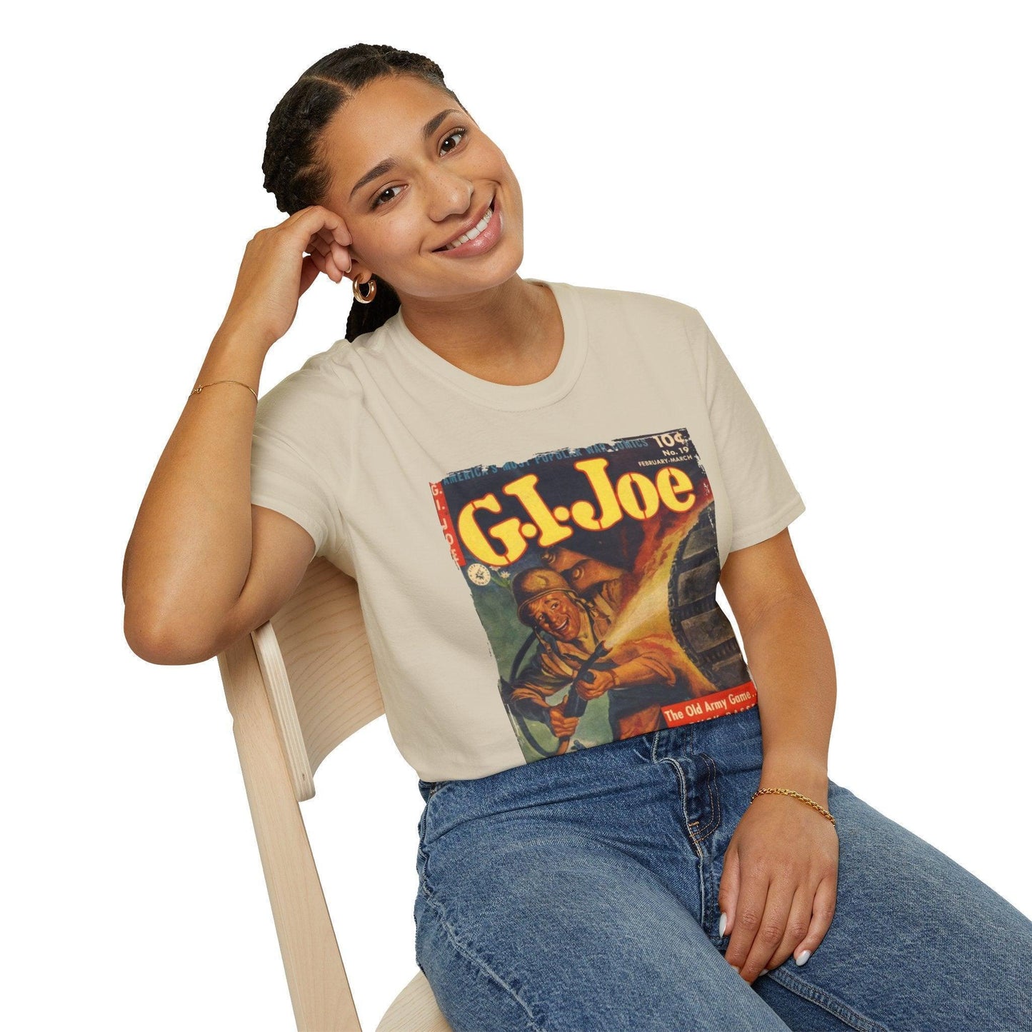 Close-up of the G.I. Joe No.19 unisex softstyle T-shirt's vibrant graphic print on the chest from a front angle