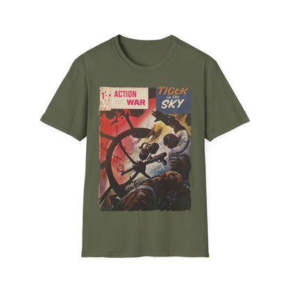 Close-up of the charcoal gray unisex softstyle T-shirt's subtle fabric texture and relaxed fit at the neckline opening