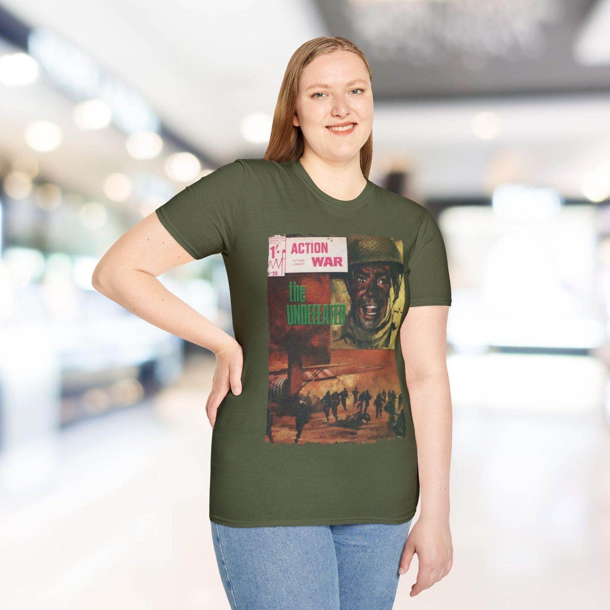 Close-up of the unisex softstyle T-shirt's crew neckline and subtle stitching detail in navy blue fabric from a slightly