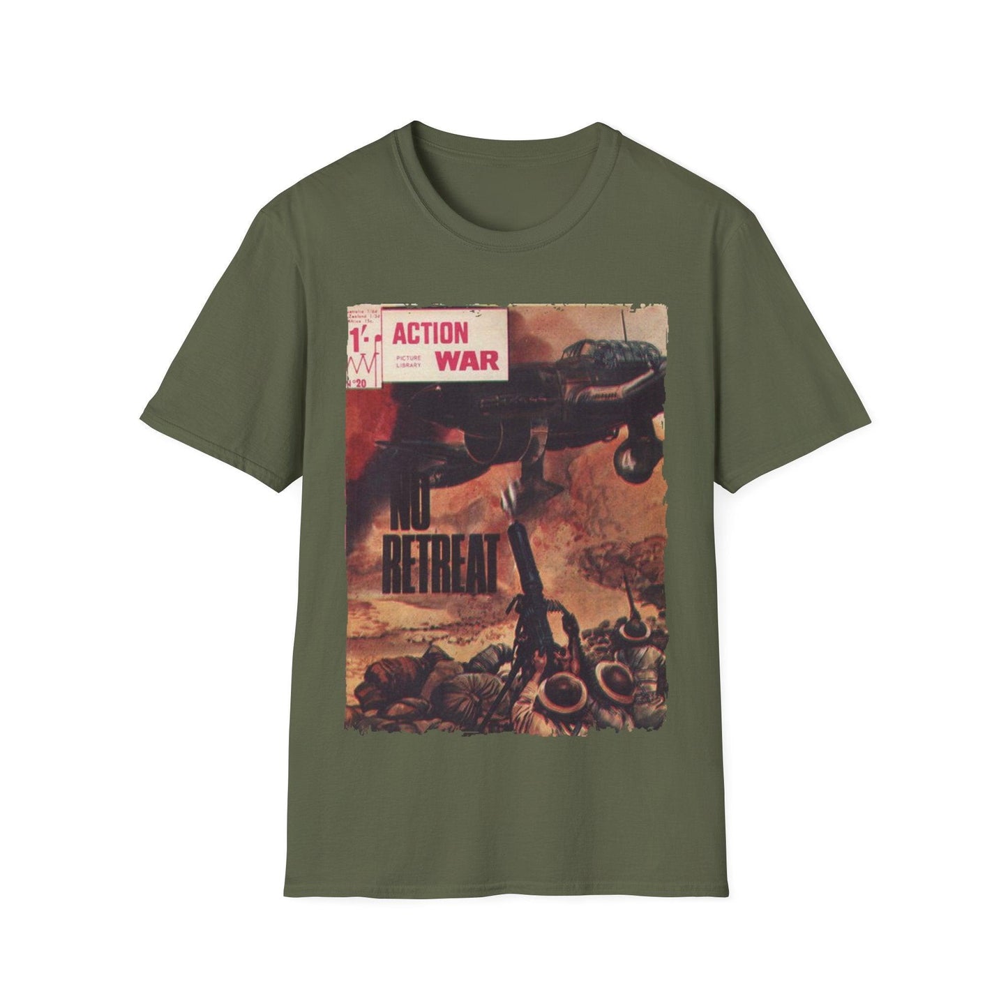 Close-up of the navy blue unisex softstyle T-shirt's front neckline and subtle fabric texture showing relaxed fit and smooth