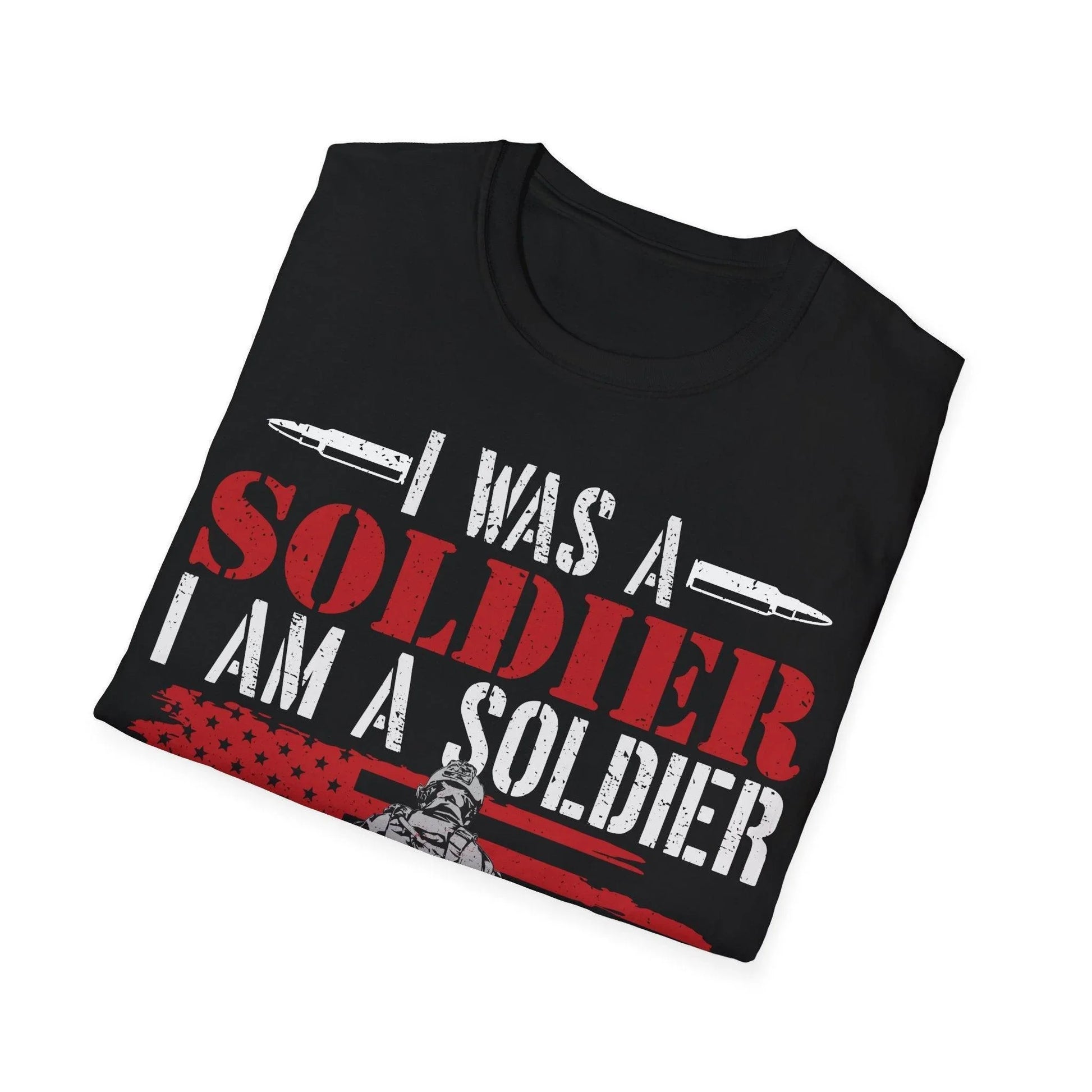 Close-up of the unisex softstyle fabric tag featuring "Always Be A Soldier" text on black cotton T-shirt interior neckline