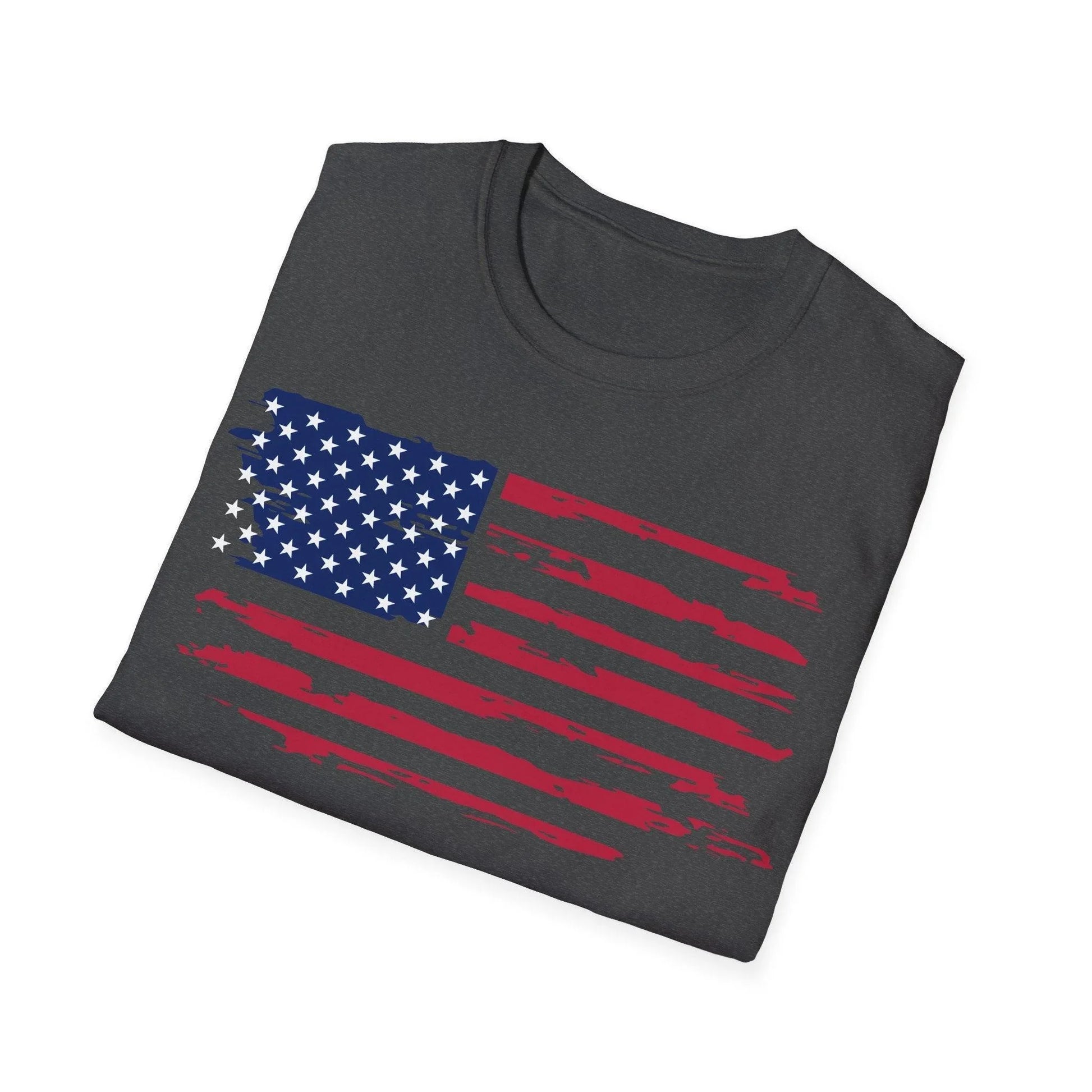 Close-up of distressed American flag pattern on soft cotton fabric, highlighting the worn, vintage-inspired design and