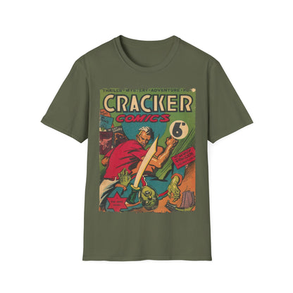 Close-up of the Cracker 1943 unisex T-shirt's soft heathered fabric in muted olive green, highlighting the relaxed fit and