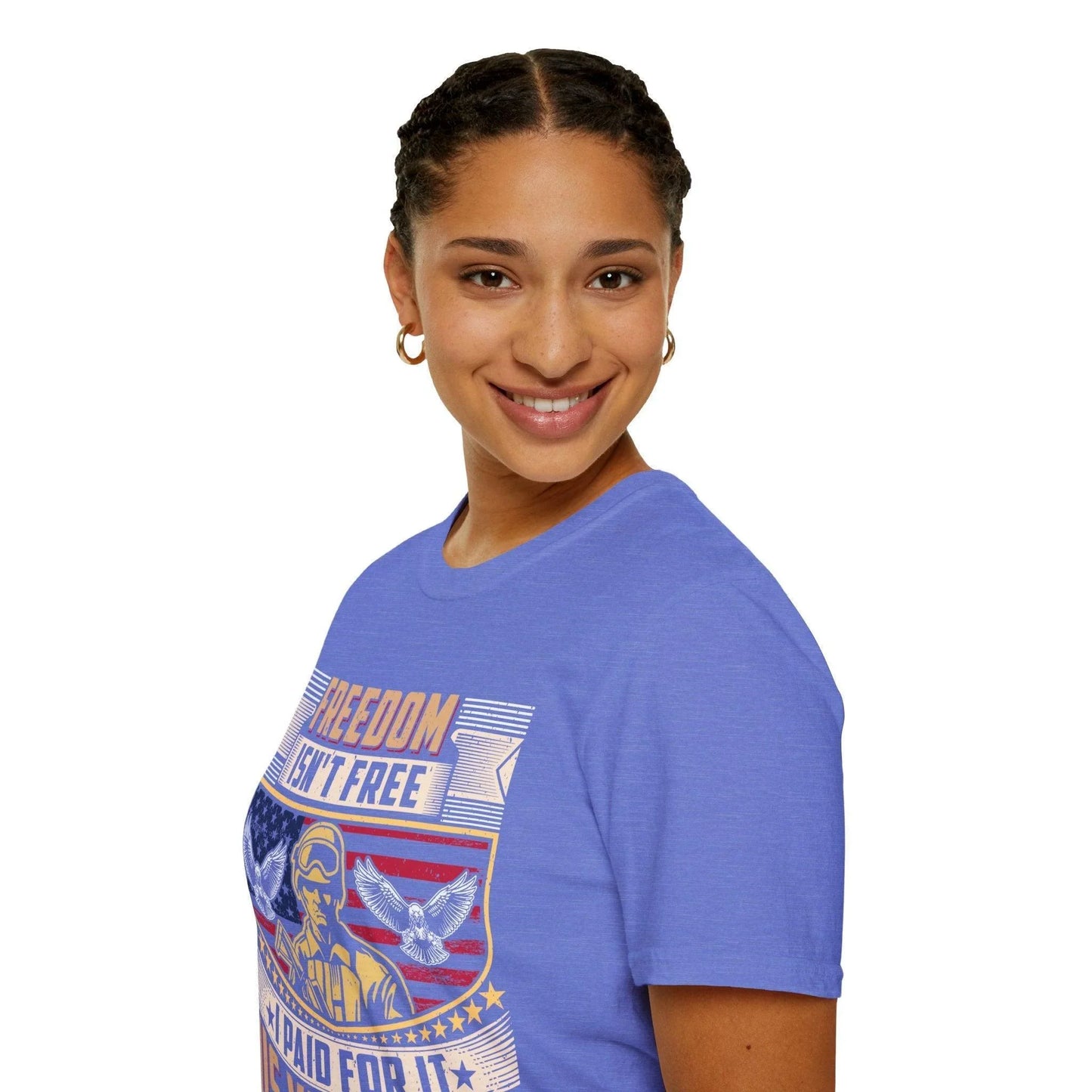 Close-up of the unisex softstyle T-shirt tag displaying fabric blend and size label, highlighting the smooth neckline finish.