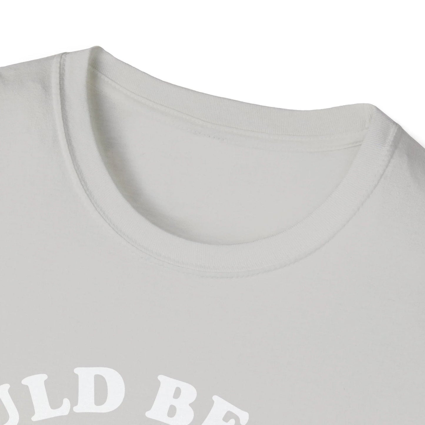 Close-up of the white unisex softstyle T-shirt's collar stitching and smooth fabric texture from a top-down angle.