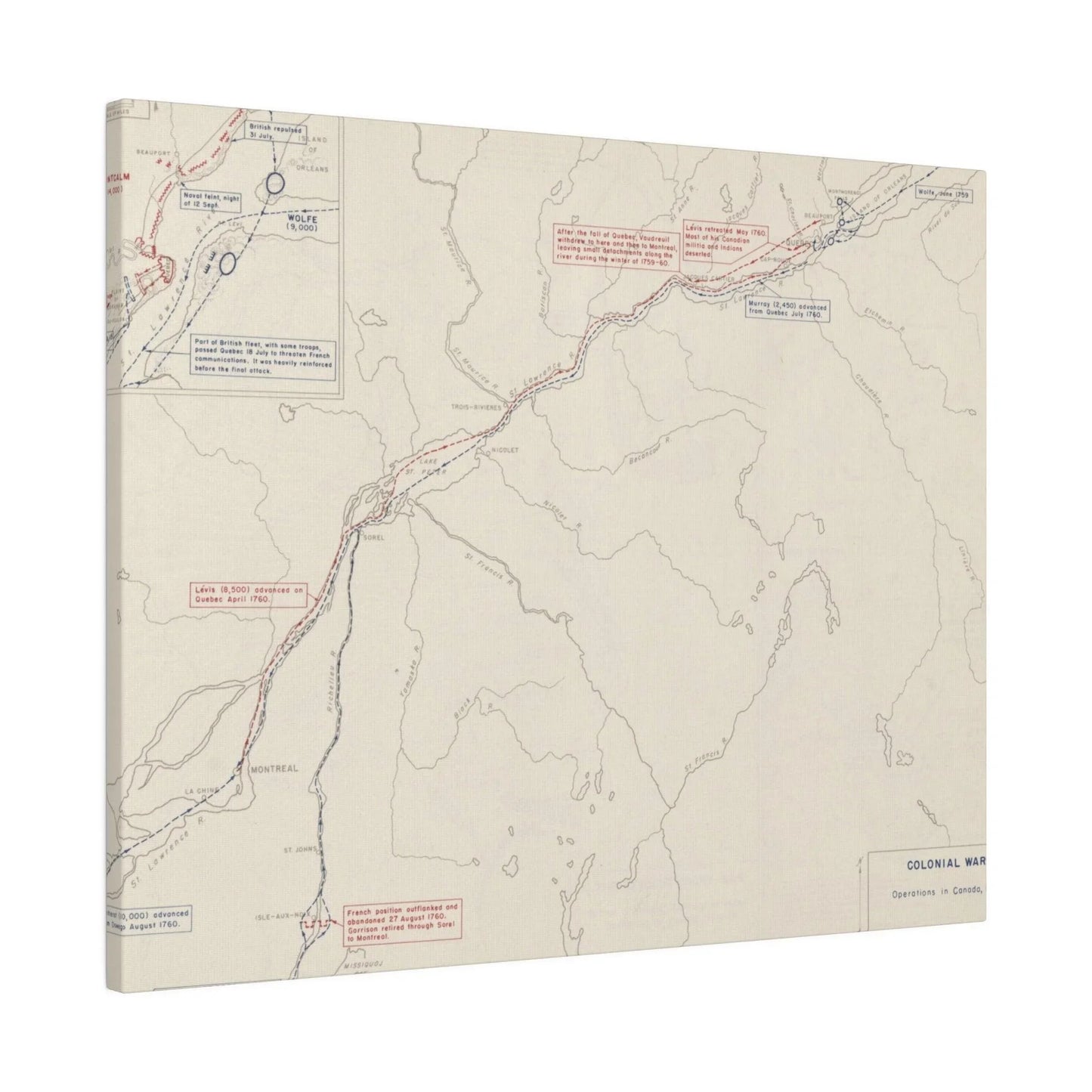 Close-up of aged canvas texture highlighting subtle crackling and vintage finish on the Colonial Wars, Operations In Canada