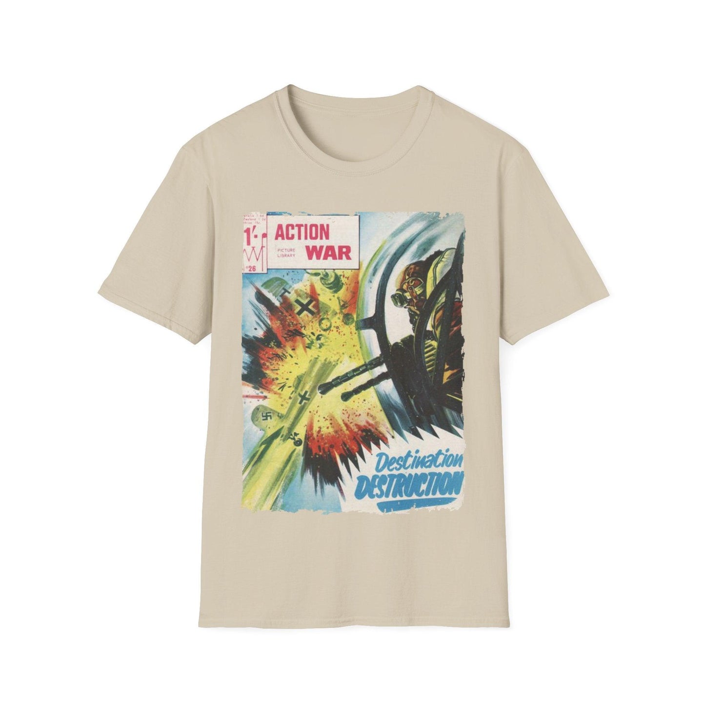 Close-up of the unisex softstyle T-shirt’s subtle chest logo print on soft cotton jersey fabric in vibrant red color