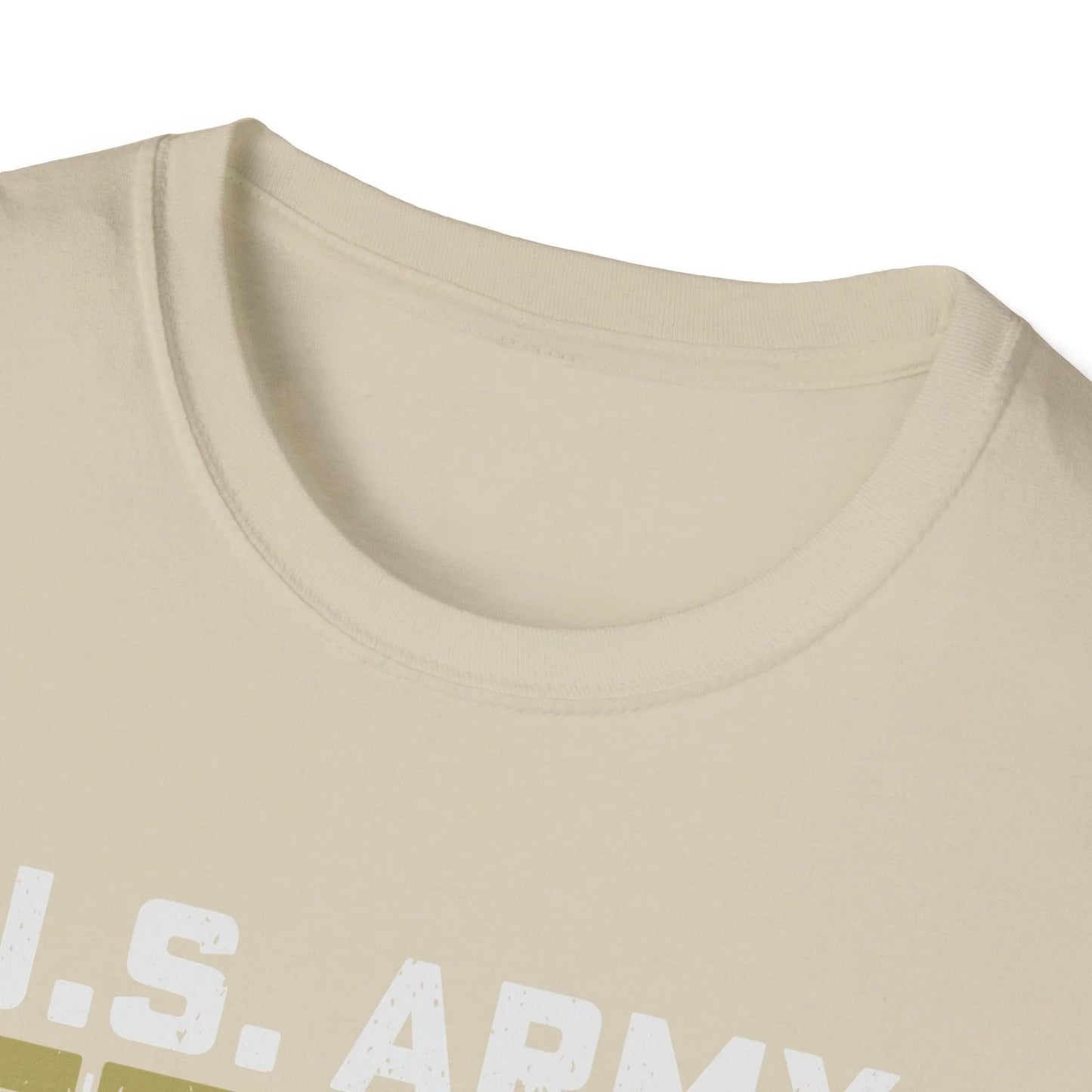 Close-up of the navy unisex T-shirt's collar and stitched neckline detail from a slightly overhead perspective, highlighting
