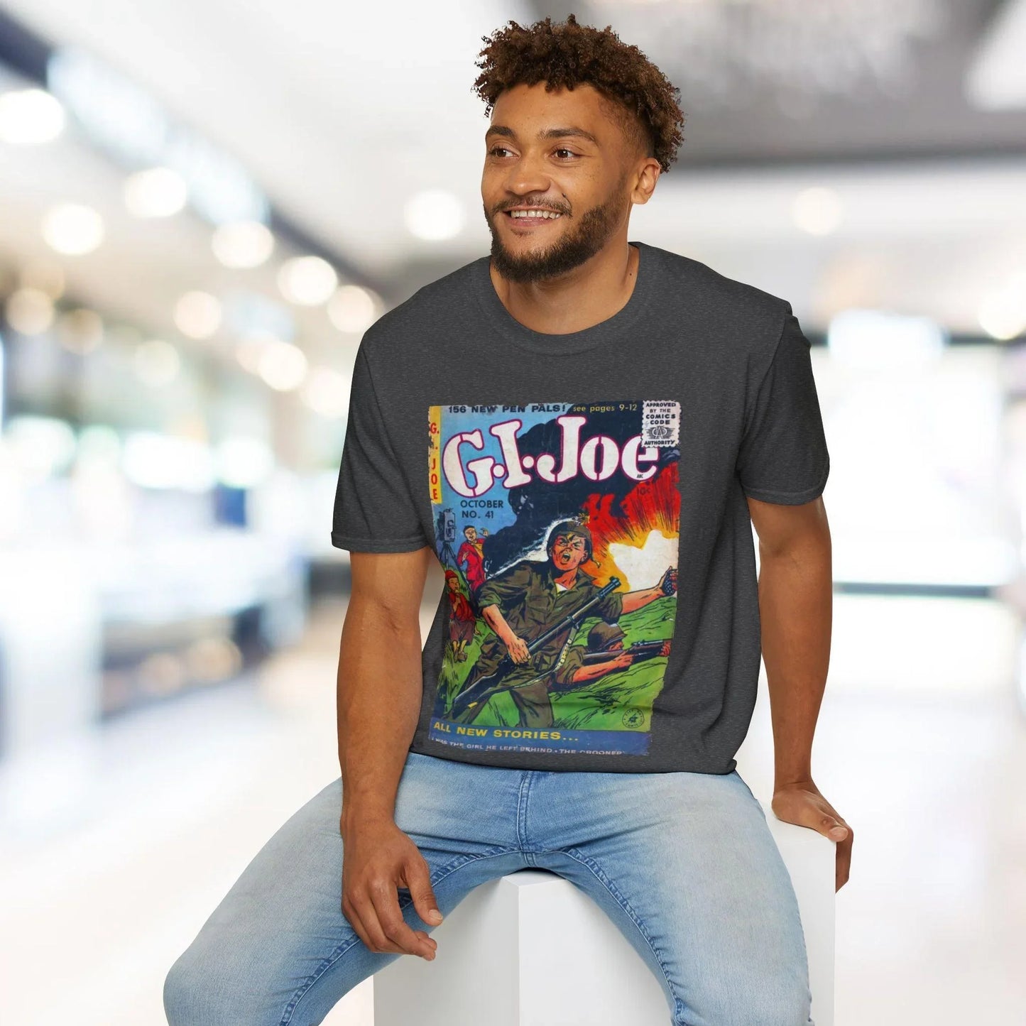 Close-up of the G.I. Joe No.41 T-shirt fabric showing the soft cotton blend texture and neatly stitched neckline detail.