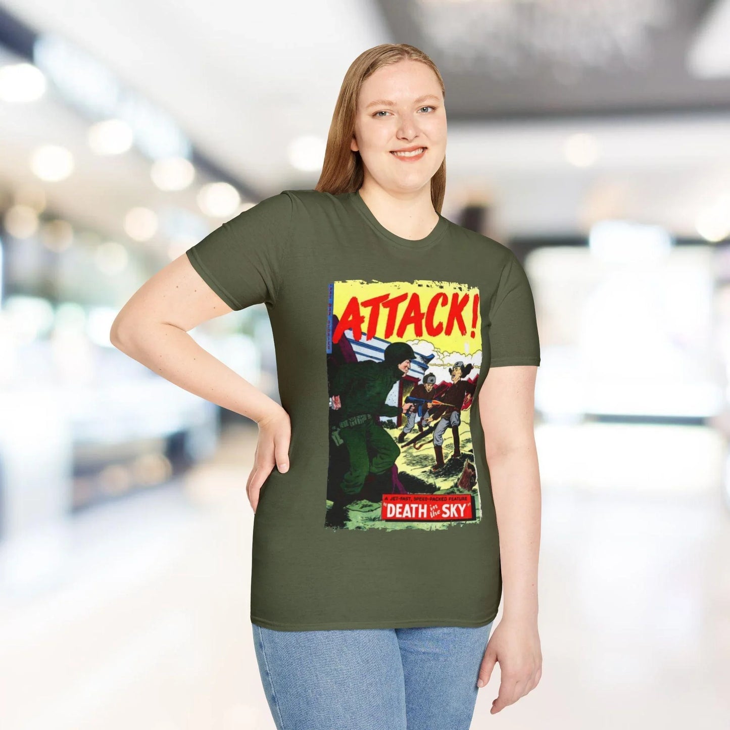 Close-up of the Attack! No. 7 unisex softstyle T-shirt's comfortable crew neckline in vibrant black cotton fabric.