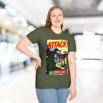 Close-up of the Attack! No. 7 unisex softstyle T-shirt's comfortable crew neckline in vibrant black cotton fabric.