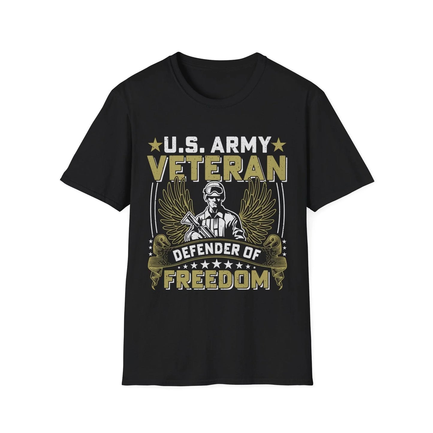 Printify Army Defender of Freedom unisex softstyle T-shirt with cotton fabric, crew neck, relaxed fit, black color, DTG print