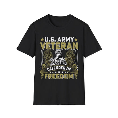 Printify Army Defender of Freedom unisex softstyle T-shirt with cotton fabric, crew neck, relaxed fit, black color, DTG print