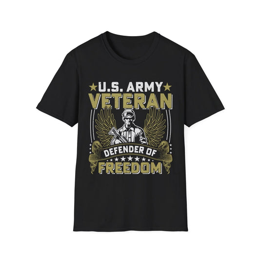 Printify Army Defender of Freedom unisex softstyle cotton T-shirt with crew neck, regular fit, black color, featuring bold