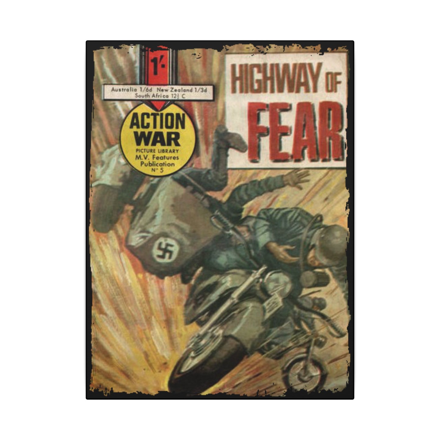 Close-up of the canvas texture highlighting vibrant colors and intricate comic-style details on the Action War #5 cover.