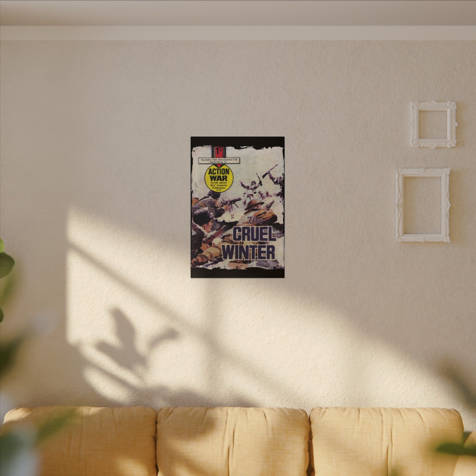 Close-up of detailed comic book cover art on canvas, highlighting vibrant color edges and textured print surface.