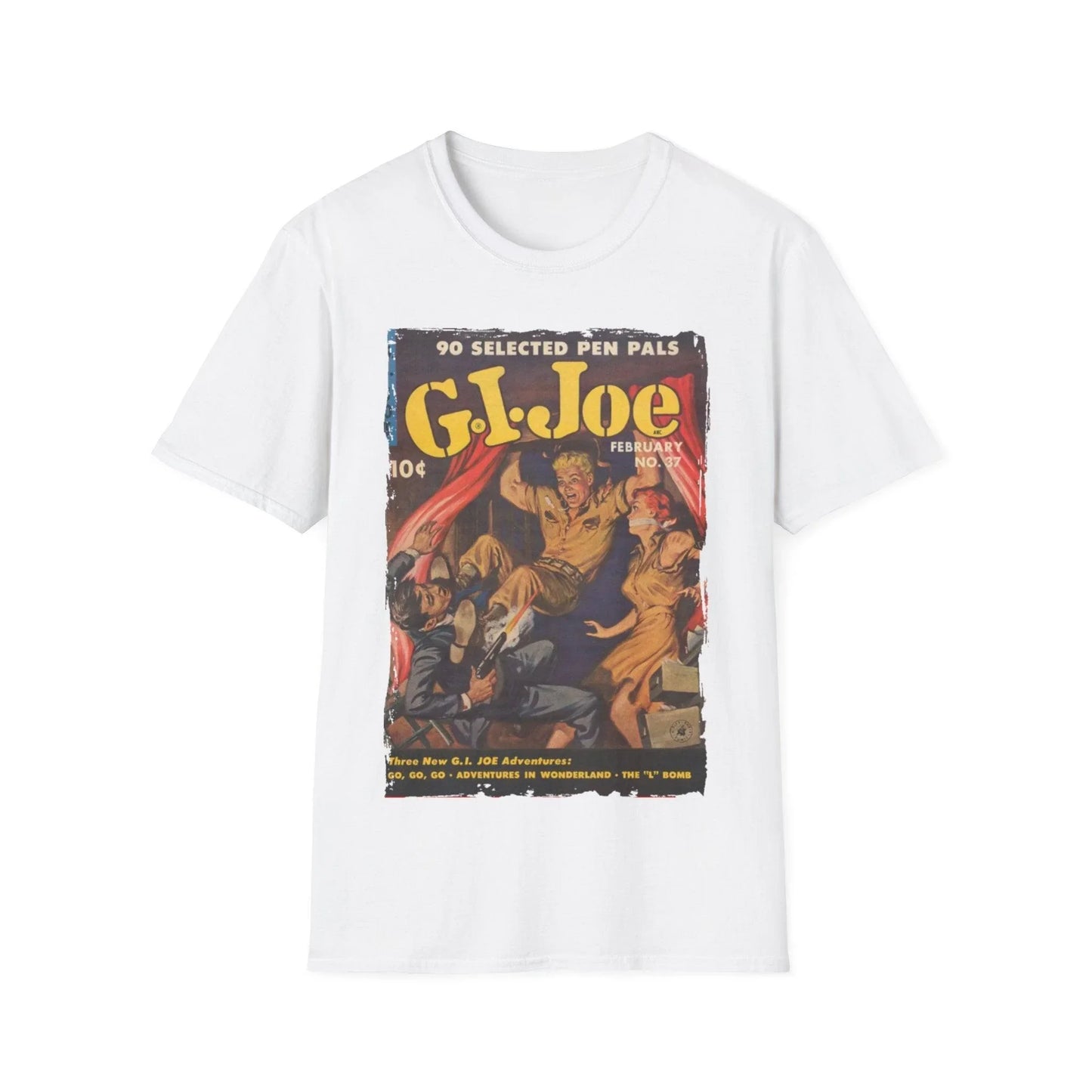 Close-up of the soft cotton fabric showing subtle heather texture and relaxed fit neckline detail on the G.I. Joe No.37