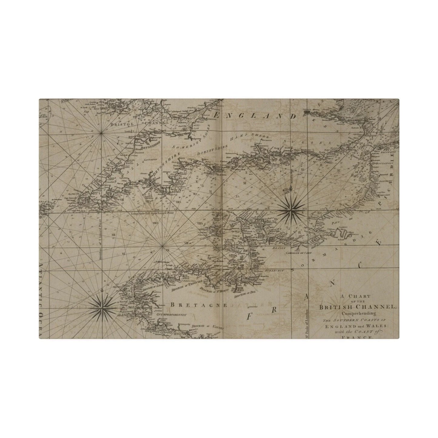 Close-up of the chart’s detailed coastlines and navigational markings along the British Channel from a top-down perspective.