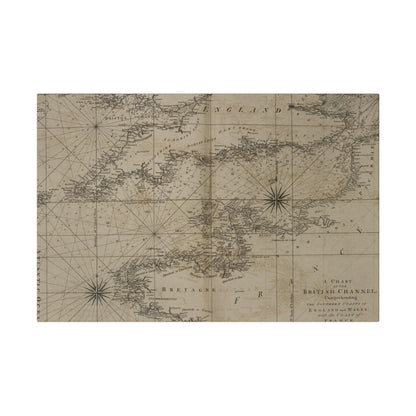 Close-up of the chart’s detailed coastlines and navigational markings along the British Channel from a top-down perspective.