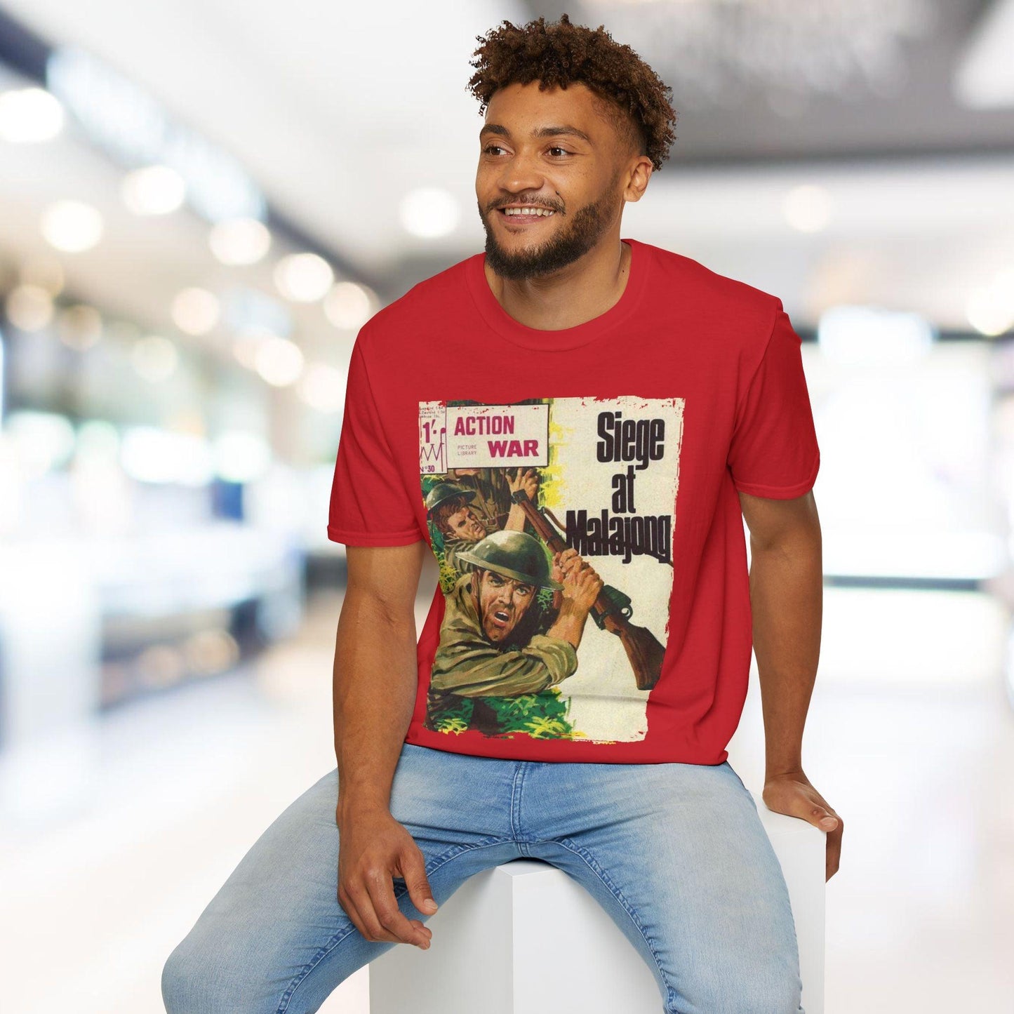 Close-up of the unisex softstyle T-shirt's smooth heathered fabric and relaxed fit, highlighting the crew neckline and