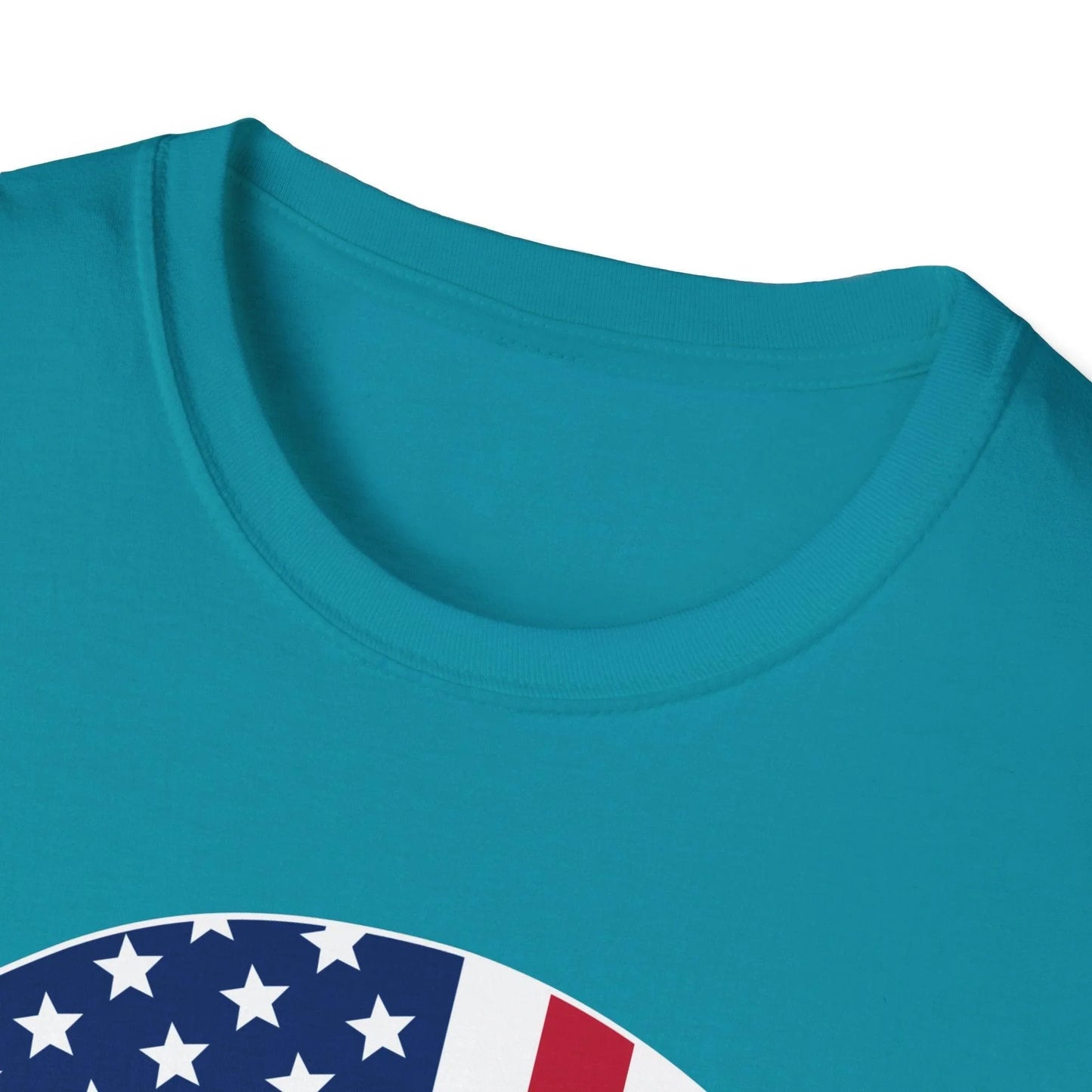 Close-up of the American Skull Flag graphic on the chest of the unisex relaxed-fit heather gray softstyle T-shirt