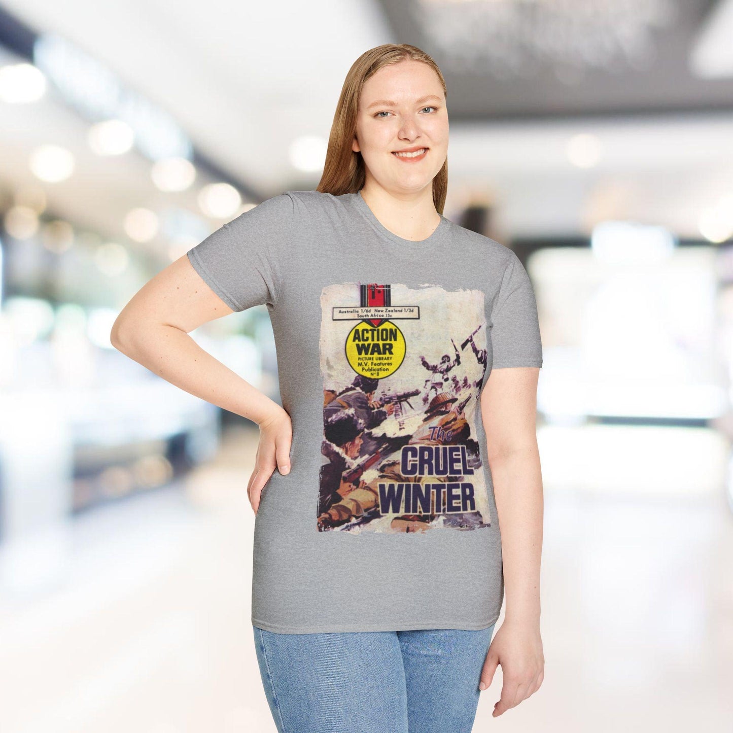 Close-up of the unisex softstyle T-shirt’s subtle heather gray fabric texture and reinforced neckline stitching detail.