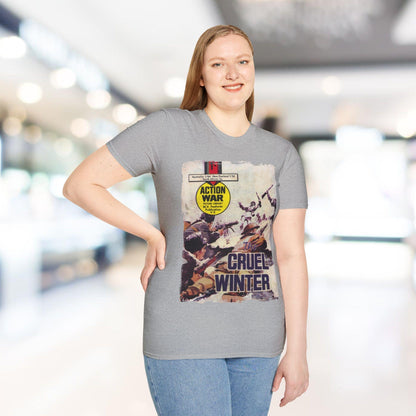 Close-up of the unisex softstyle T-shirt’s subtle heather gray fabric texture and reinforced neckline stitching detail.