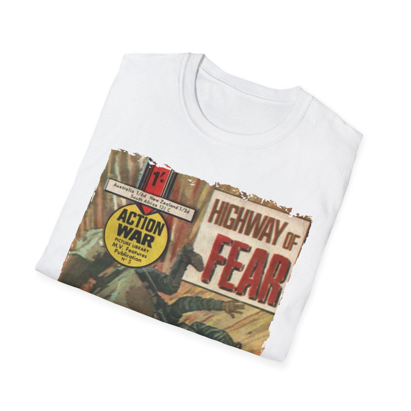 Close-up of the unisex softstyle T-shirt's relaxed fit and heather navy fabric, highlighting the smooth cotton-poly blend